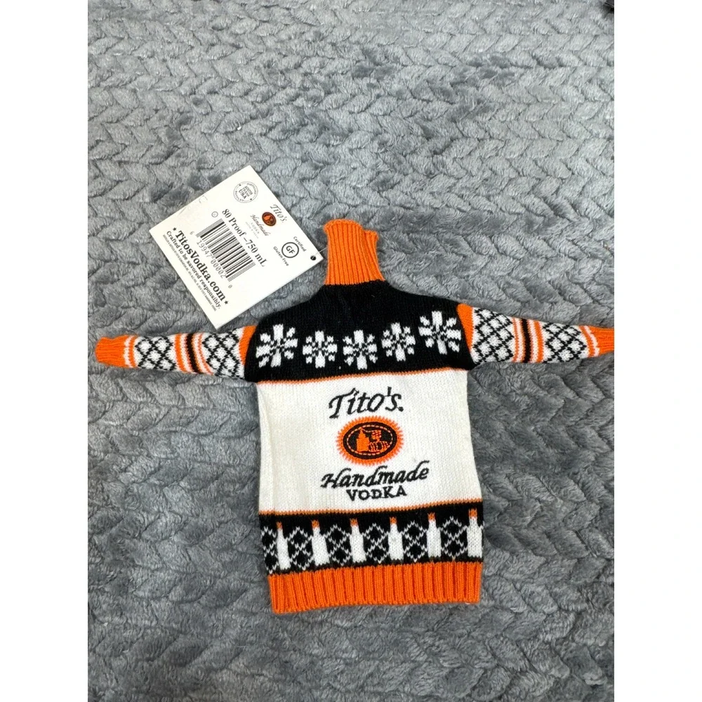 Titos Handmade Vodka Bottle Sweater Holiday Fair Isle Orange Black White‎ NWT